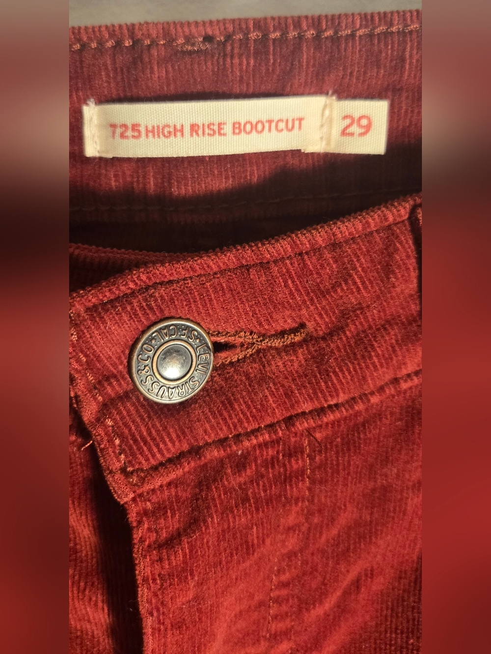 Levi's Women's Highrise Bootcut Corduroy Pants in Deep Red Rust - Picture 3 of 5